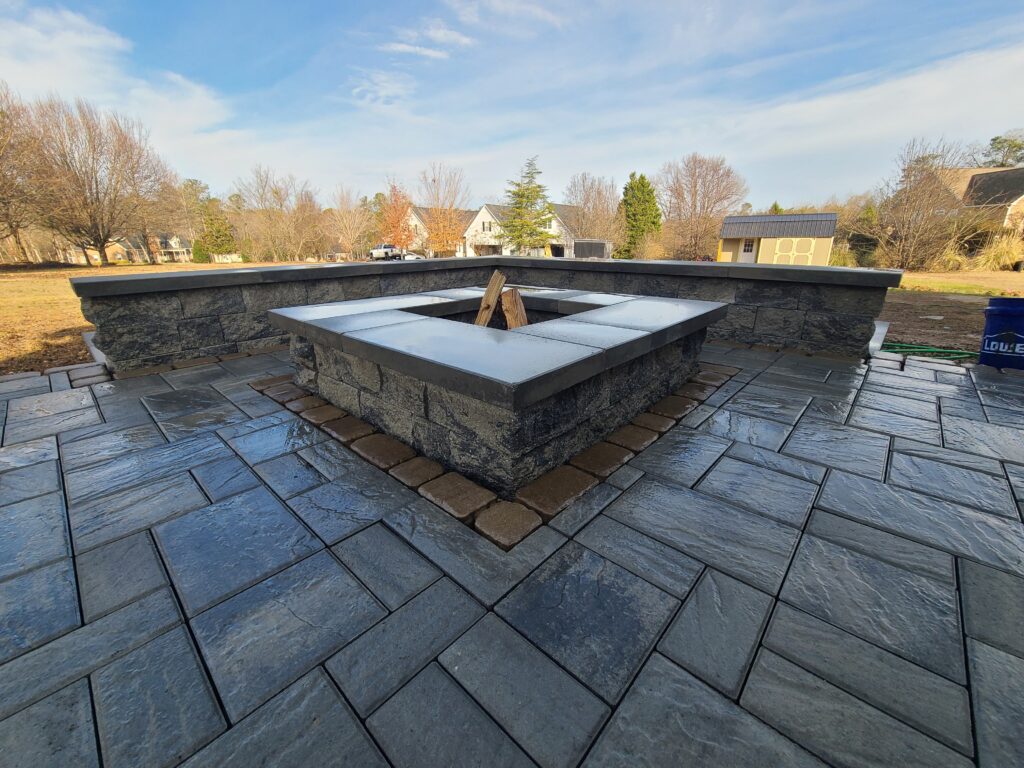 paver patio, big patio, patio ideas, patio lighting, inlite, in lite, big pavers, techo bloc, techobloc, fire place, fire pit, fire features, paver border, sitting wall, retaining wall, blu60,