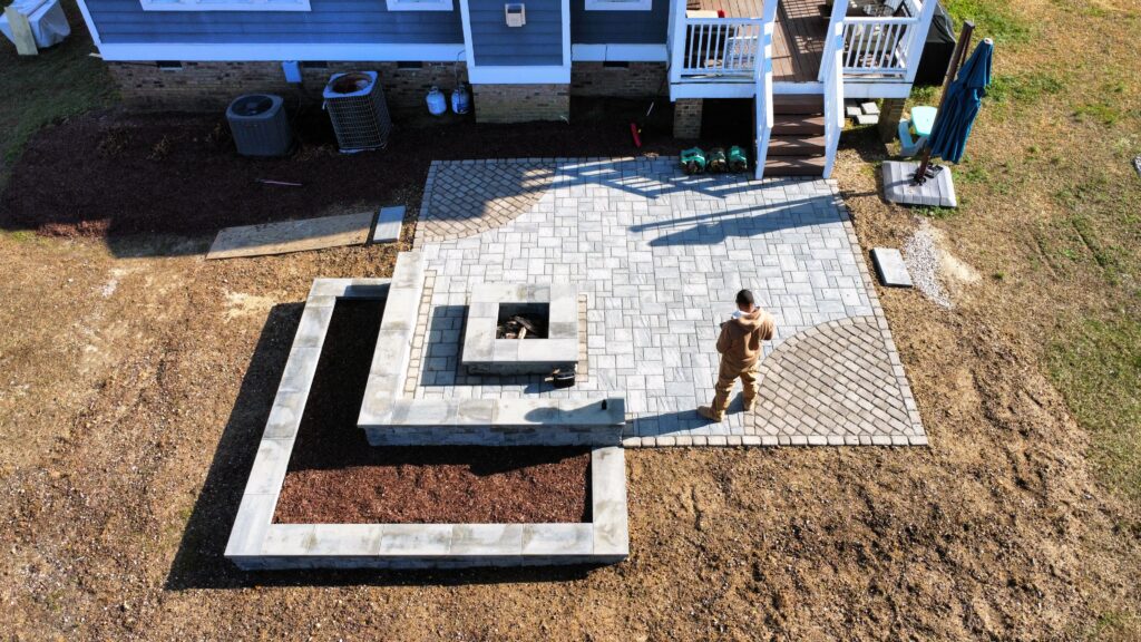 paver patio, big patio, patio ideas, patio lighting, inlite, in lite, big pavers, techo bloc, techobloc, fire place, fire pit, fire features, paver border, sitting wall, retaining wall, blu60,