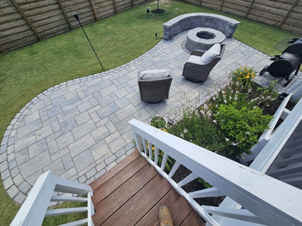 paver patio, big patio, patio ideas, patio lighting, inlite, in lite, big pavers, techo bloc, techobloc, fire place, fire pit, fire features, paver border