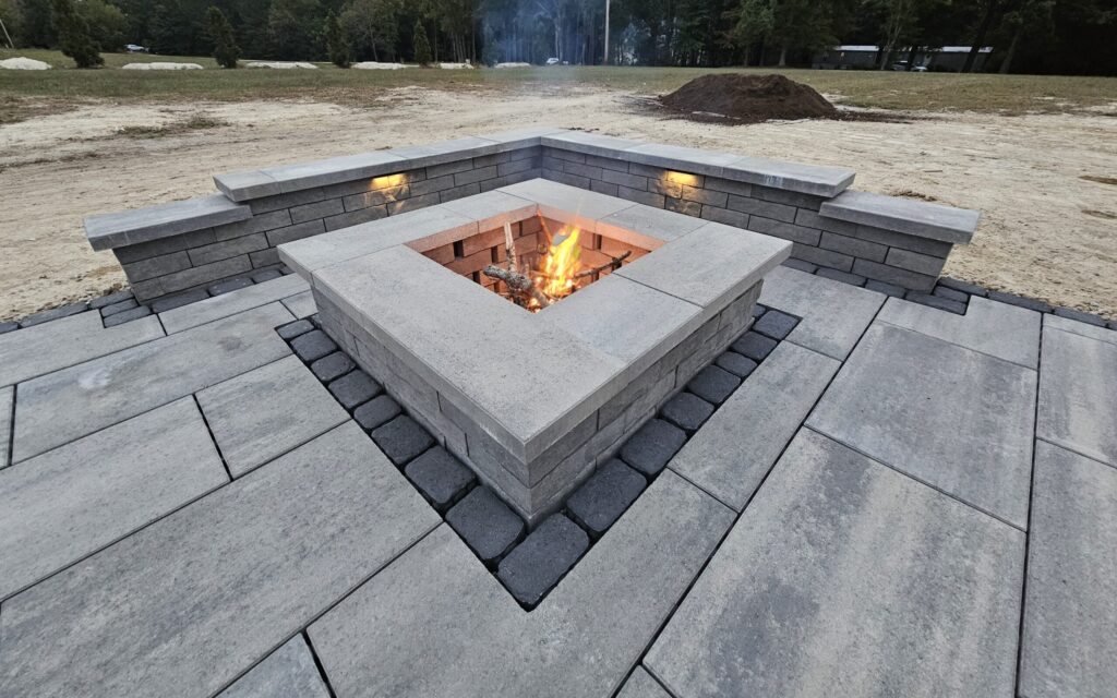 fire place, fire pit, paver patio, brandon fire pit, techo bloc, sitting wall,