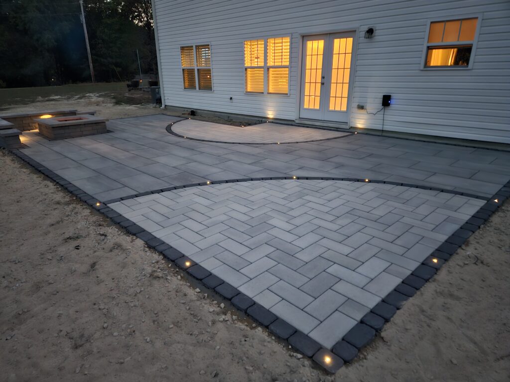 paver patio, big patio, patio ideas, patio lighting, inlite, in lite, big pavers, techo bloc, techobloc, fire place, fire pit, fire features, paver border