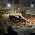 landscape lighting, decoraive stone, boulders, mulch, sitting wall, patio,