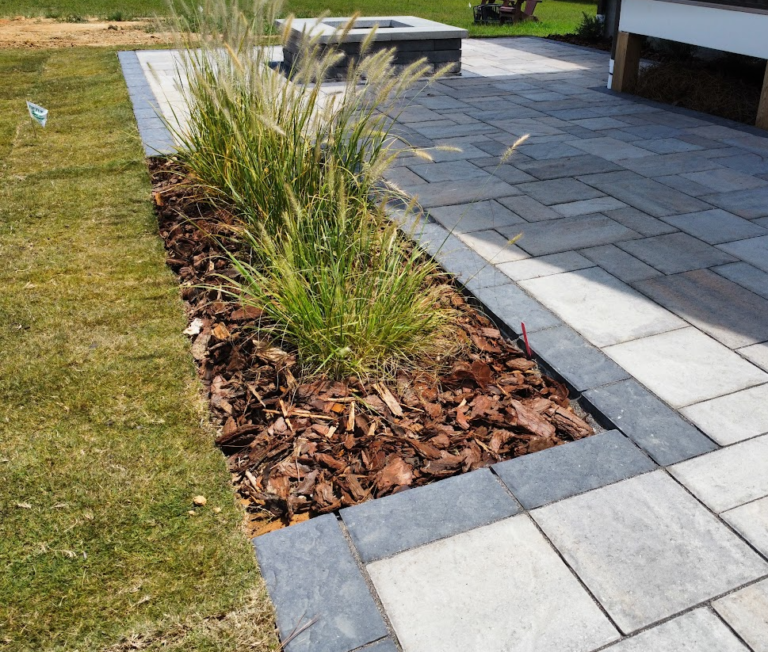 landscape grasses, ornamental grasses, muhly grass, pavers, fire pit, techo bloc, belgard, paver patio cost