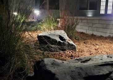 landscape lighting, decoraive stone, boulders, mulch, sitting wall, patio,
